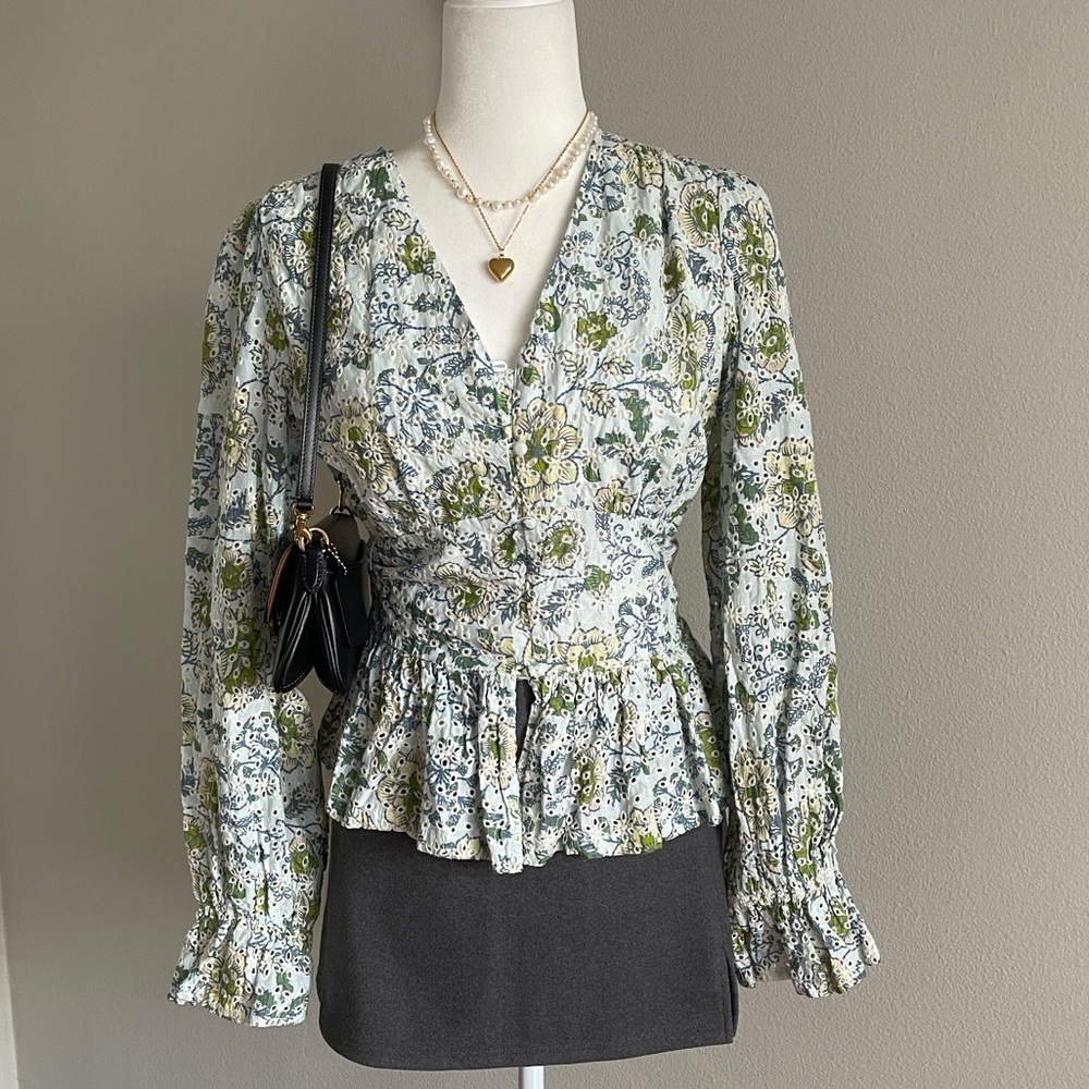 Floral Green and Blue Women's Top Size XS